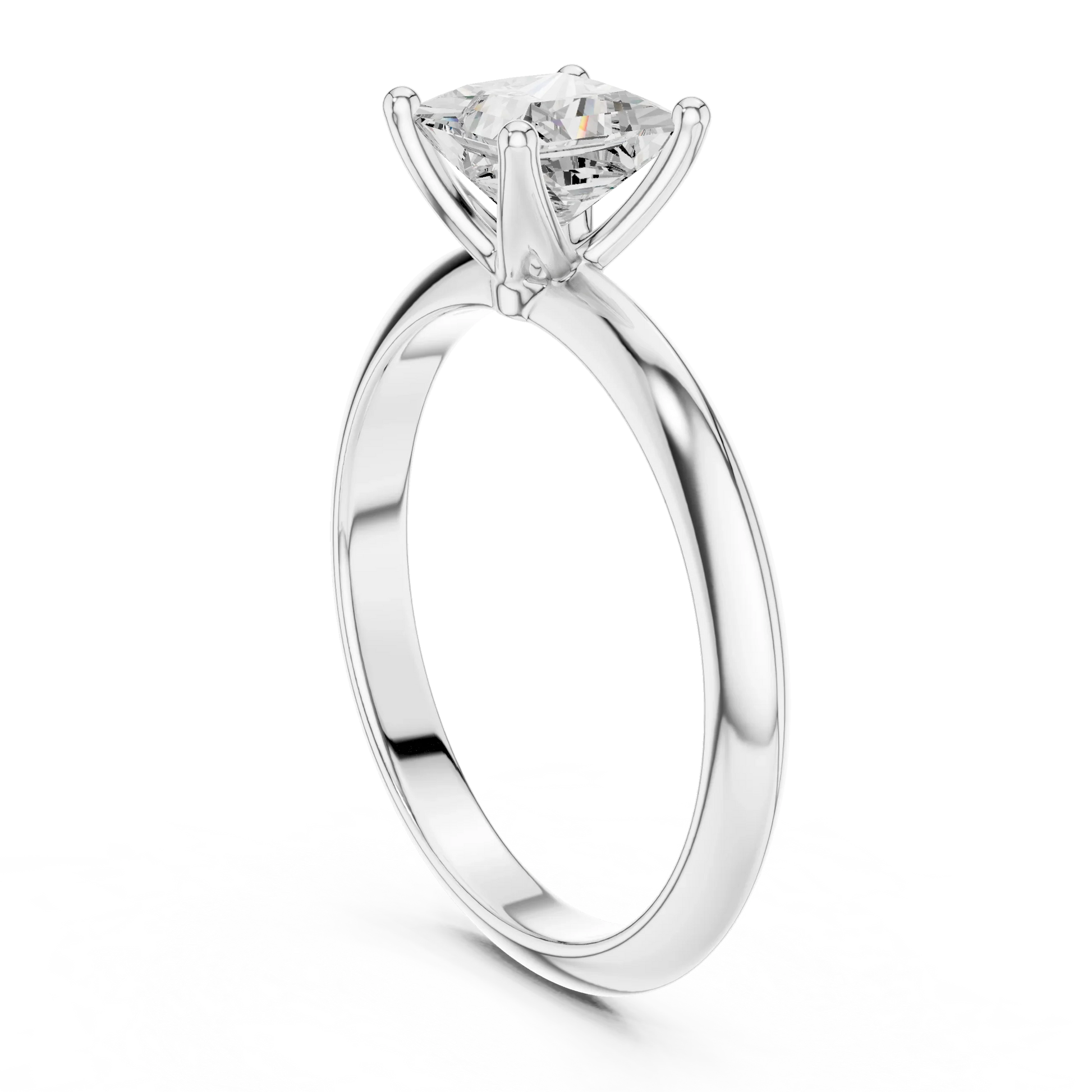 Back side view of white gold princess diamond solitaire ring, showing band and setting