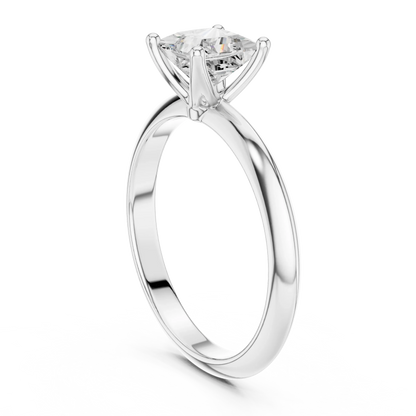 Back side view of white gold princess diamond solitaire ring, showing band and setting