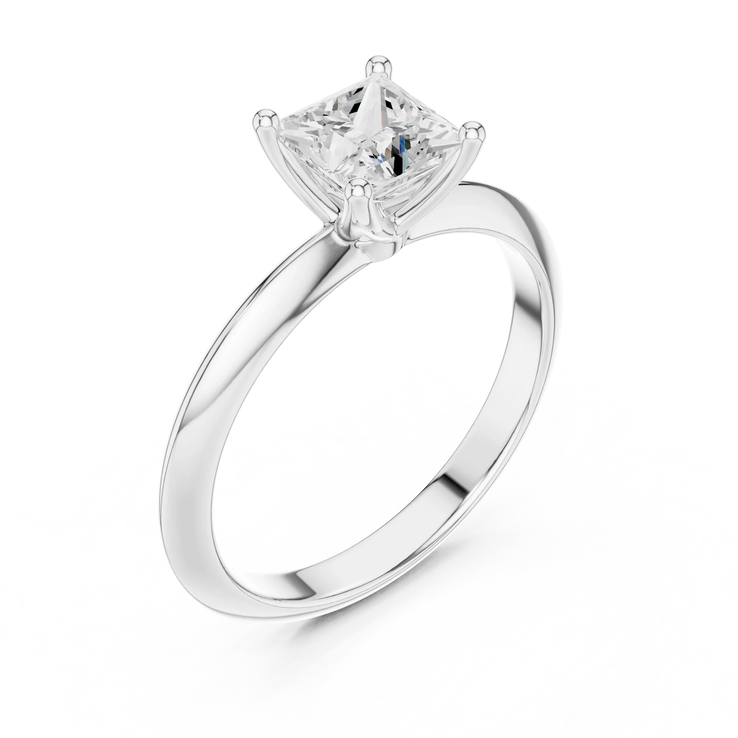 Front view of white gold princess cut diamond solitaire ring, showcasing center stone