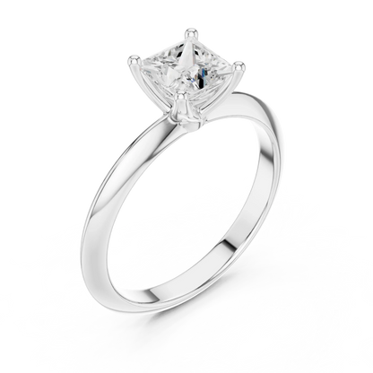 Front view of white gold princess cut diamond solitaire ring, showcasing center stone