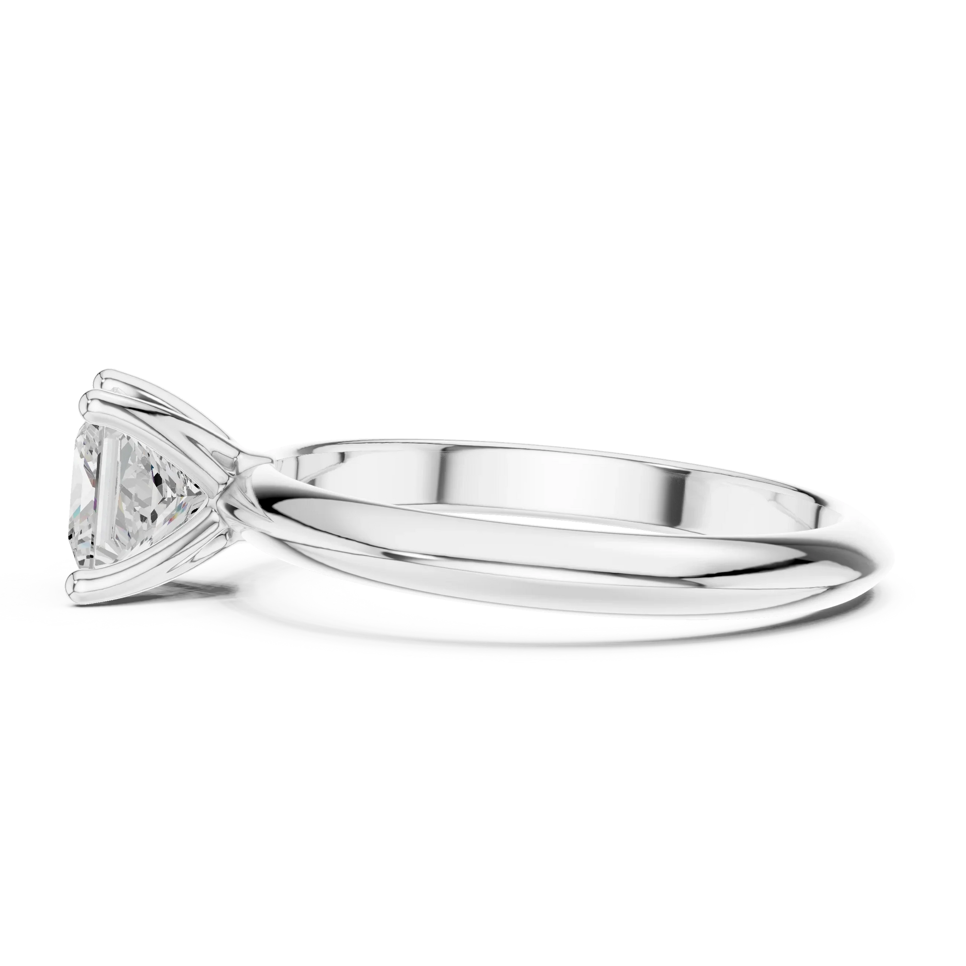 Side view of white gold princess cut diamond solitaire ring, highlighting prong setting