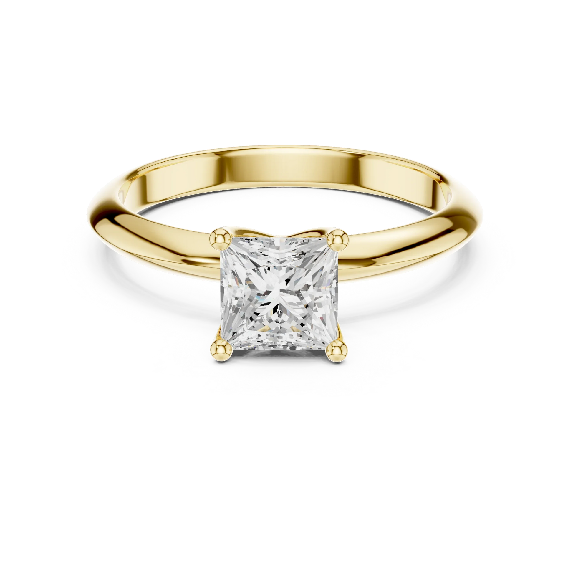 Lab-grown princess cut diamond solitaire ring in yellow gold, classic top view