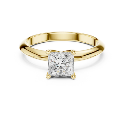 Lab-grown princess cut diamond solitaire ring in yellow gold, classic top view