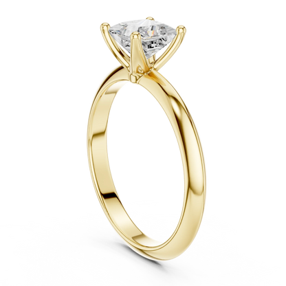 Back side view of yellow gold princess diamond solitaire ring, showing band structure