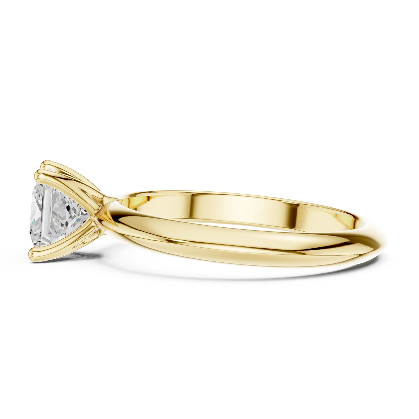 Side profile of yellow gold princess cut diamond solitaire ring, highlighting stone height