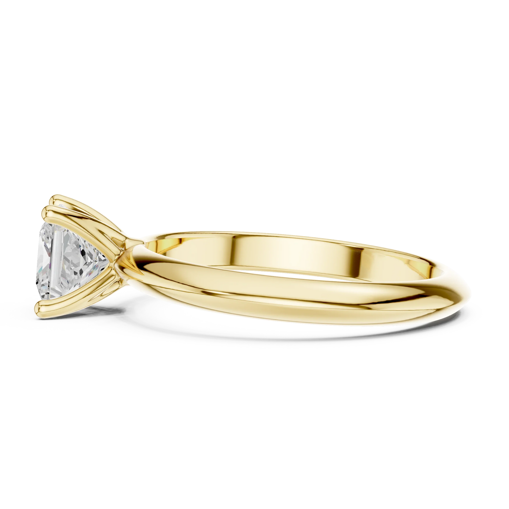 Side profile of yellow gold princess cut diamond solitaire ring, highlighting stone height
