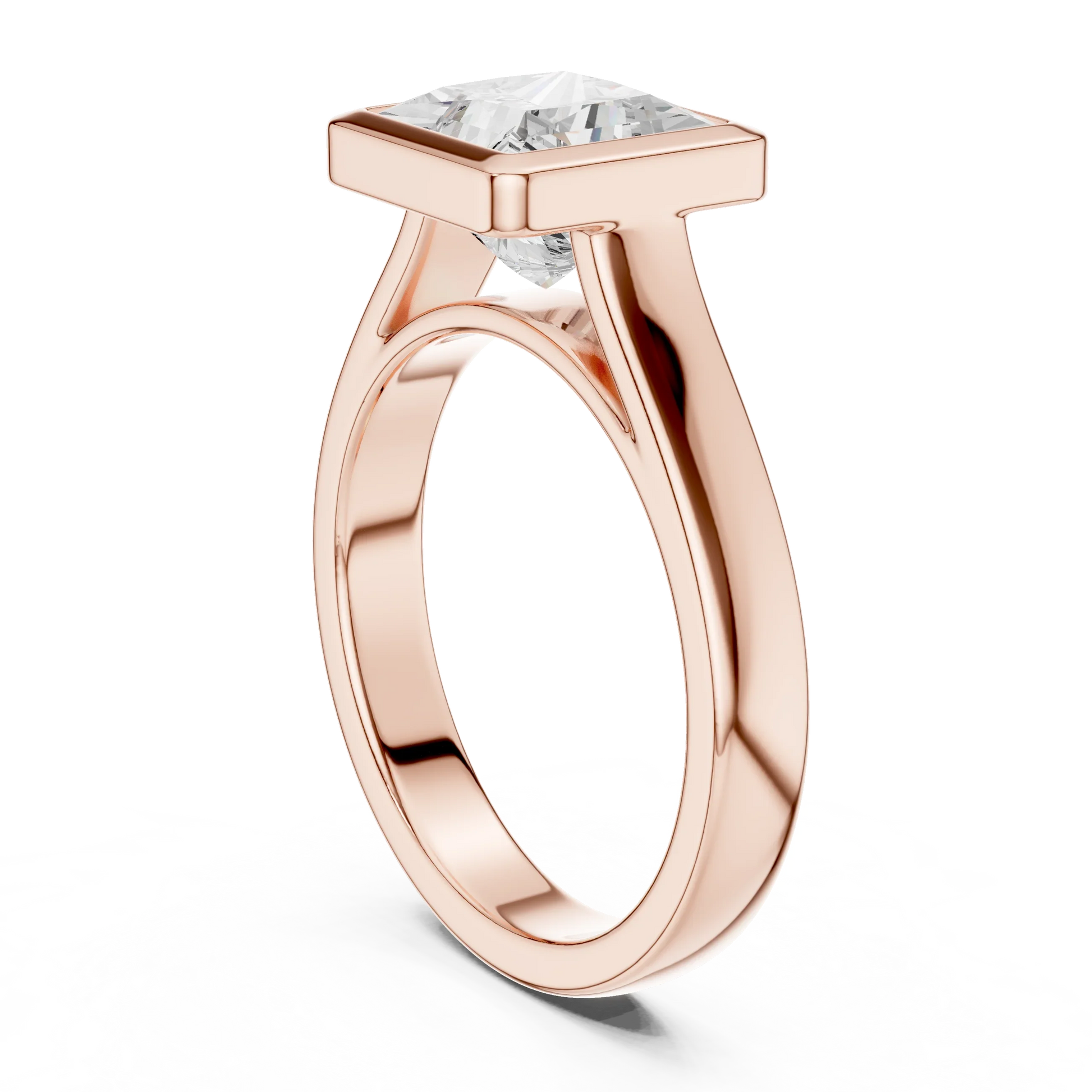 Back view of rose gold princess full bezel solitaire ring with wide flat band and lab-grown diamond – Australia
