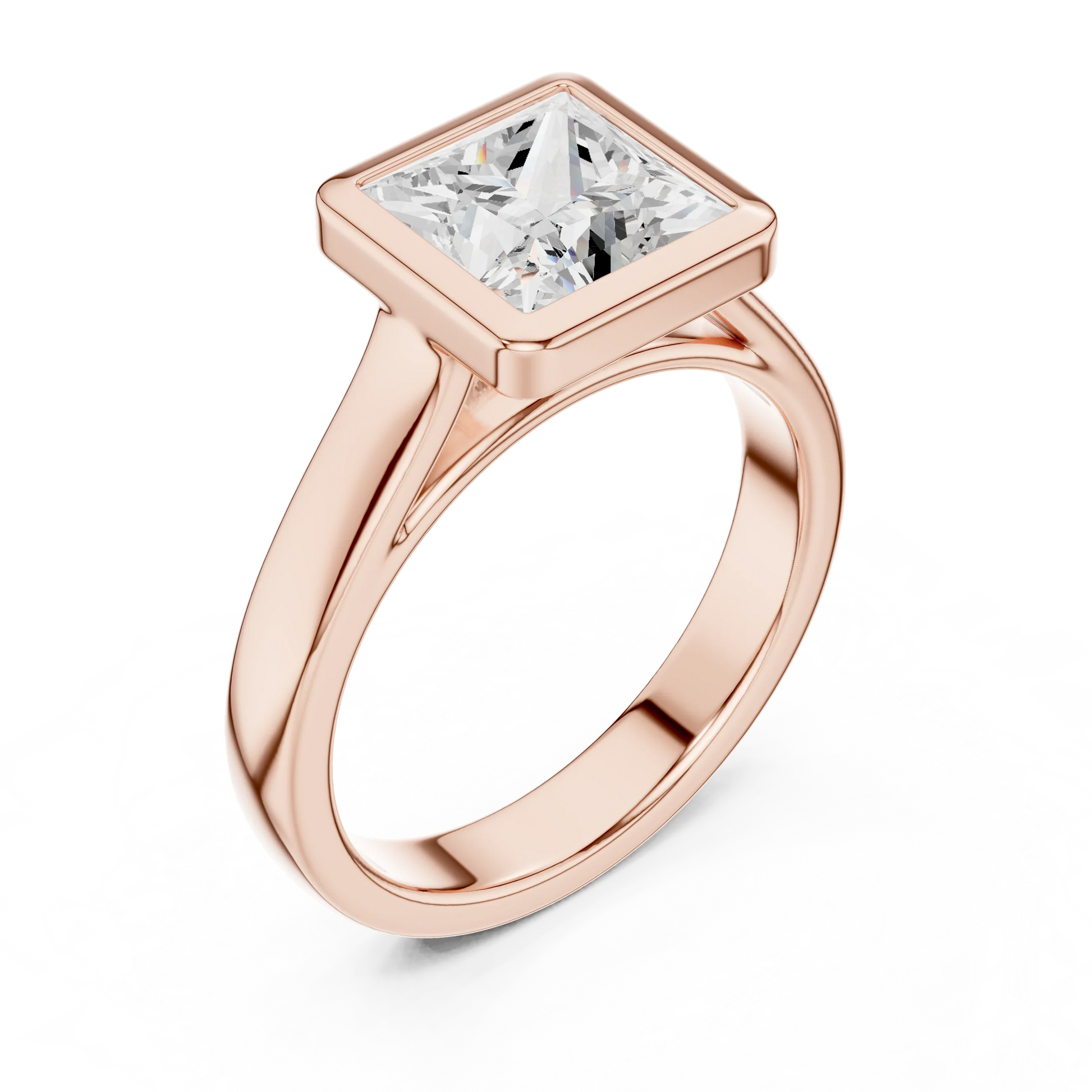 Front view of rose gold princess full bezel solitaire ring with wide flat band and lab-grown diamond – Australia