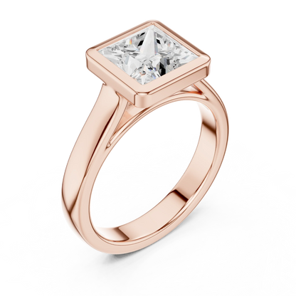 Front view of rose gold princess full bezel solitaire ring with wide flat band and lab-grown diamond – Australia