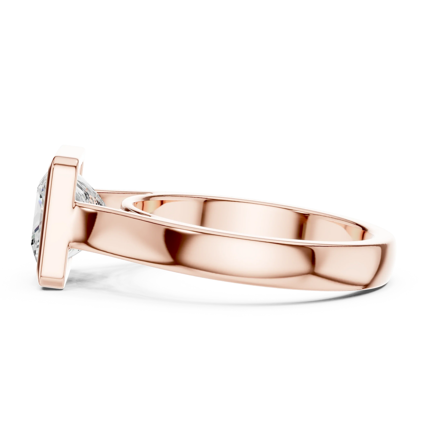 Side view of rose gold princess full bezel solitaire ring with wide flat band and lab-grown diamond – Australia