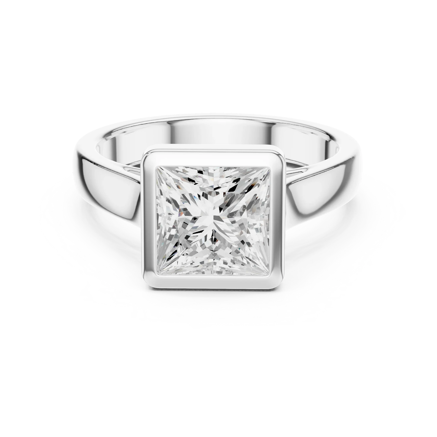 Princess full bezel solitaire ring in white gold with wide flat band and lab-grown diamond – Australia