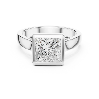 Princess full bezel solitaire ring in white gold with wide flat band and lab-grown diamond – Australia