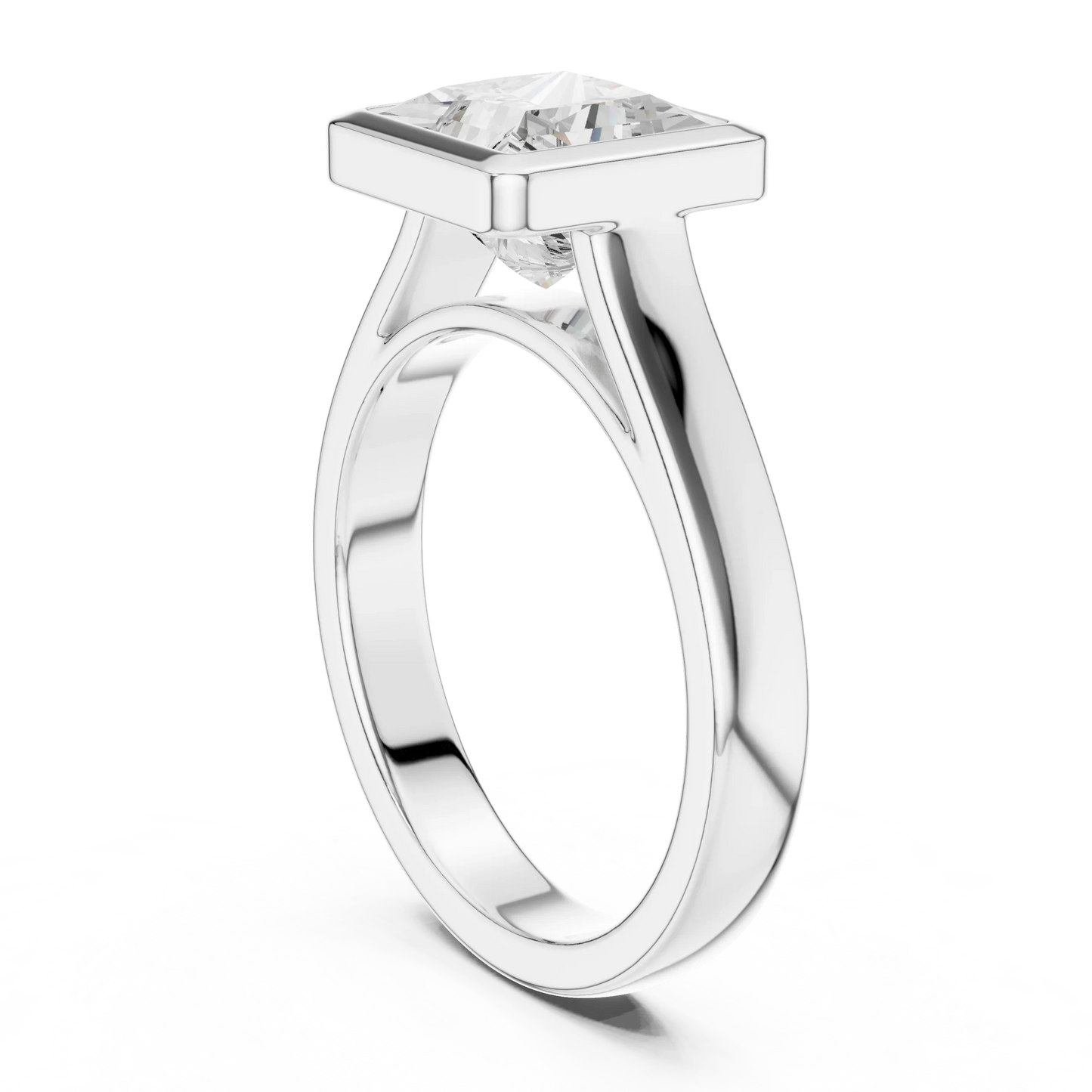 Back view of white gold princess full bezel solitaire ring with wide flat band and lab-grown diamond – Australia