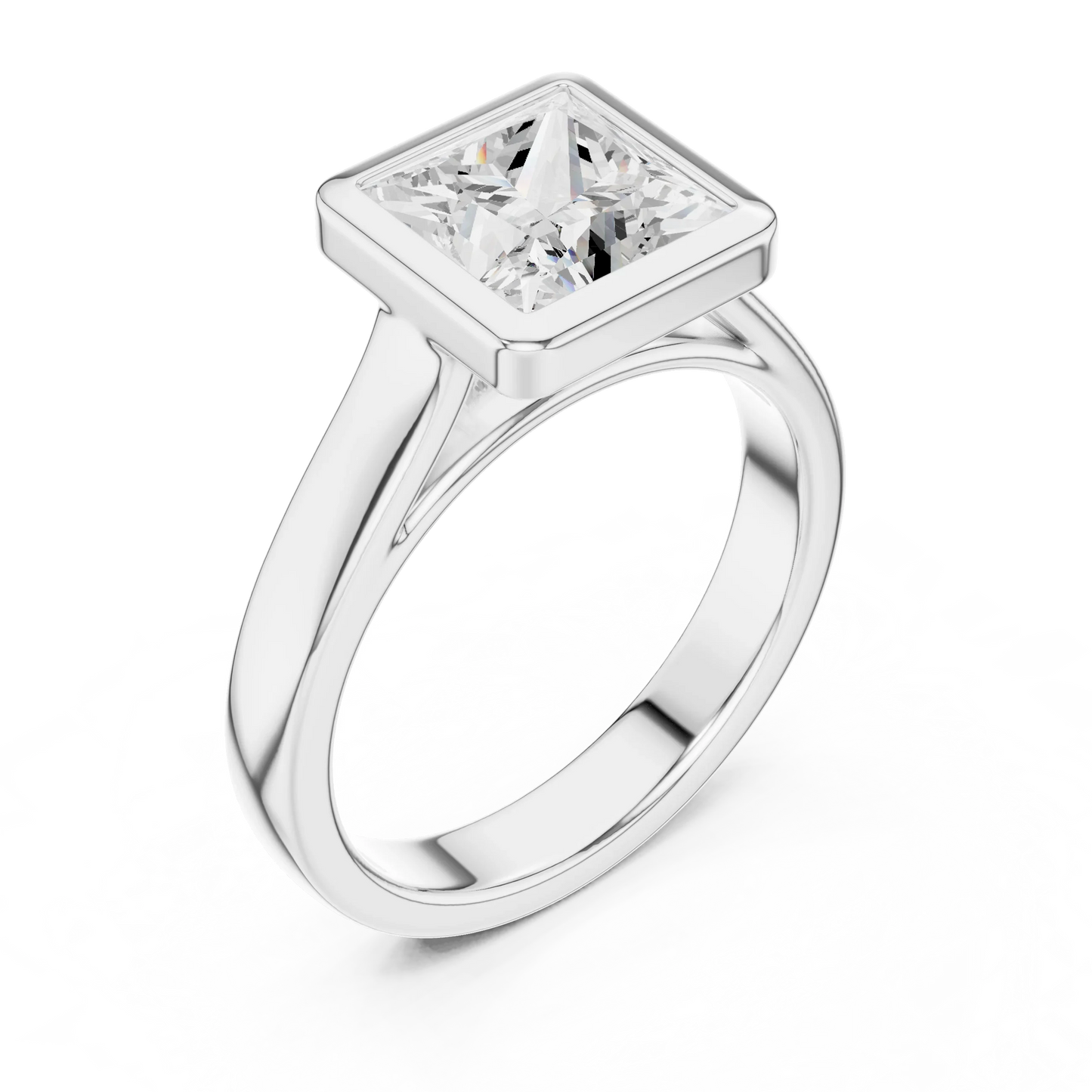 Front view of white gold princess full bezel solitaire ring with wide flat band and lab-grown diamond – Australia