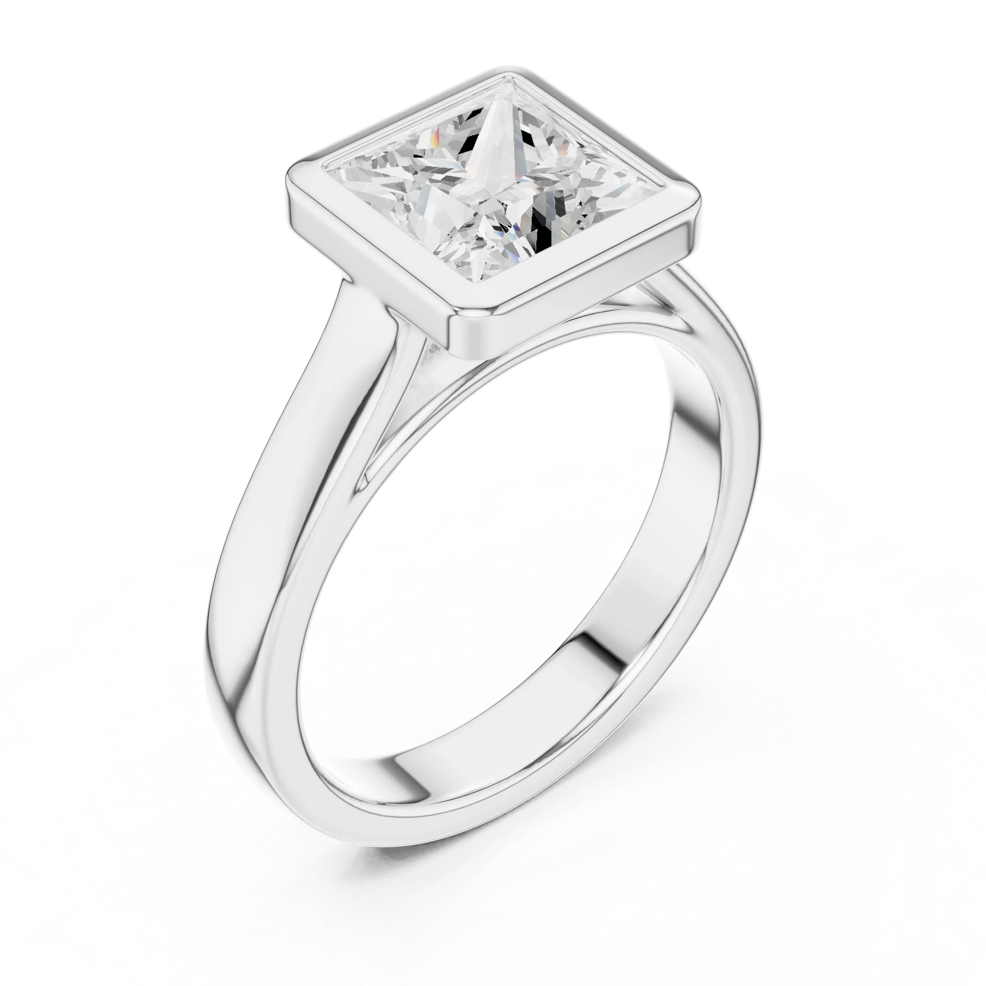 Front view of white gold princess full bezel solitaire ring with wide flat band and lab-grown diamond – Australia