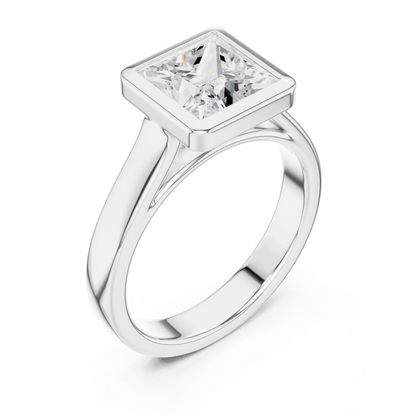 Front view of white gold princess full bezel solitaire ring with wide flat band and lab-grown diamond – Australia