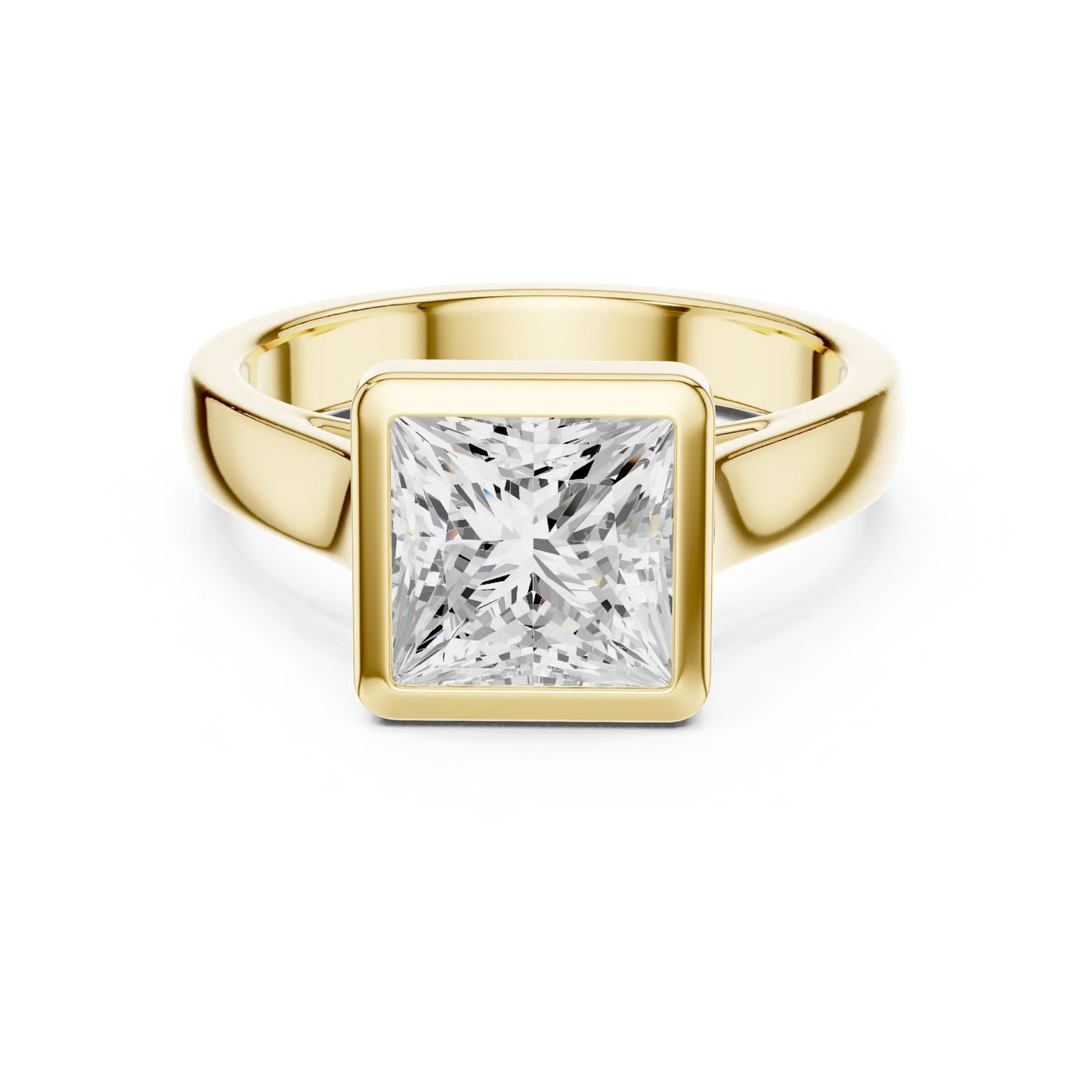 Princess full bezel solitaire ring in yellow gold with wide flat band and lab-grown diamond – Australia