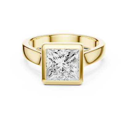 Princess full bezel solitaire ring in yellow gold with wide flat band and lab-grown diamond – Australia
