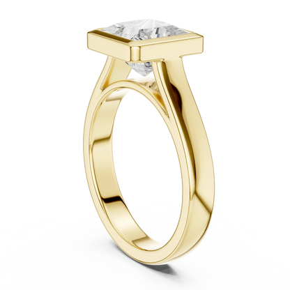 Back view of yellow gold princess full bezel solitaire ring with wide flat band and lab-grown diamond – Australia