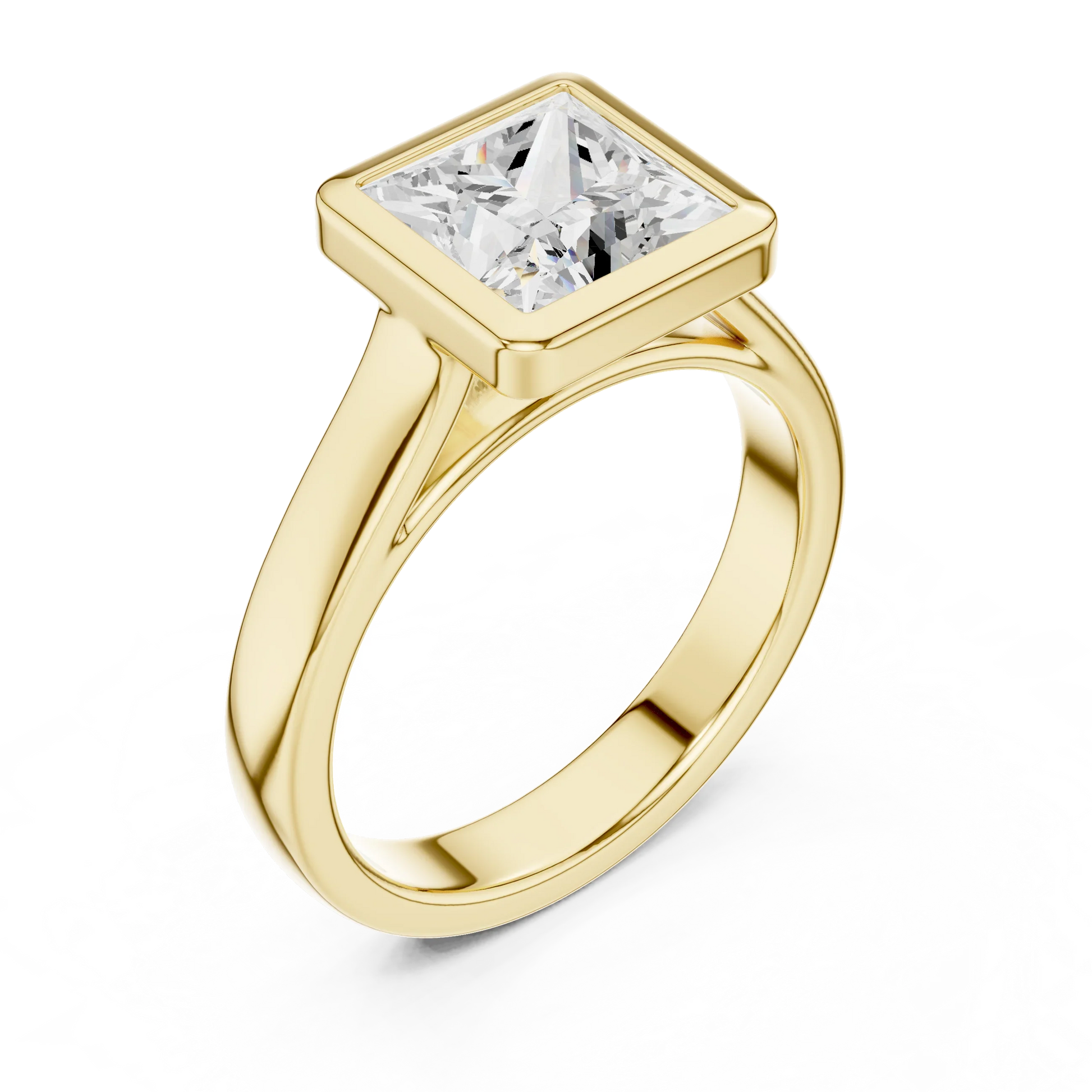 Front view of yellow gold princess full bezel solitaire ring with wide flat band and lab-grown diamond – Australia