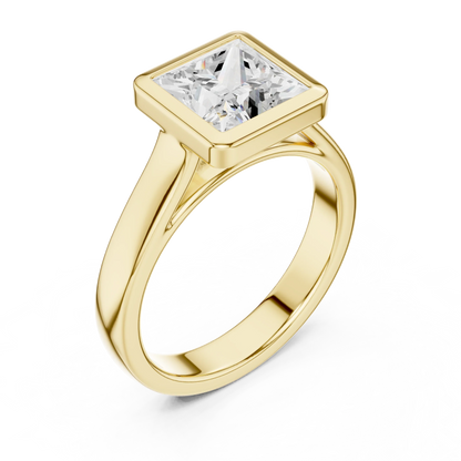 Front view of yellow gold princess full bezel solitaire ring with wide flat band and lab-grown diamond – Australia