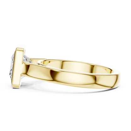 Side view of yellow gold princess full bezel solitaire ring with wide flat band and lab-grown diamond – Australia