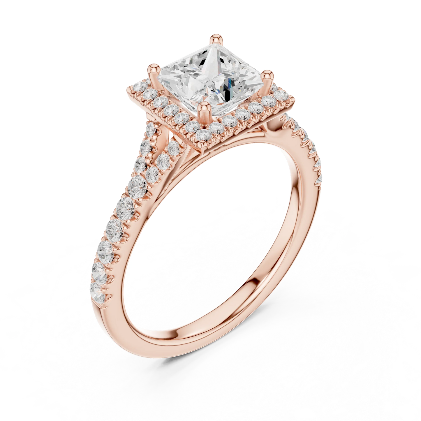 Front view of rose gold princess halo ring with pav茅 split shank band and center diamond