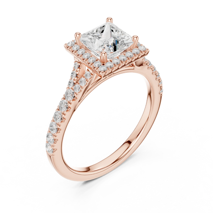 Front view of rose gold princess halo ring with pav茅 split shank band and center diamond
