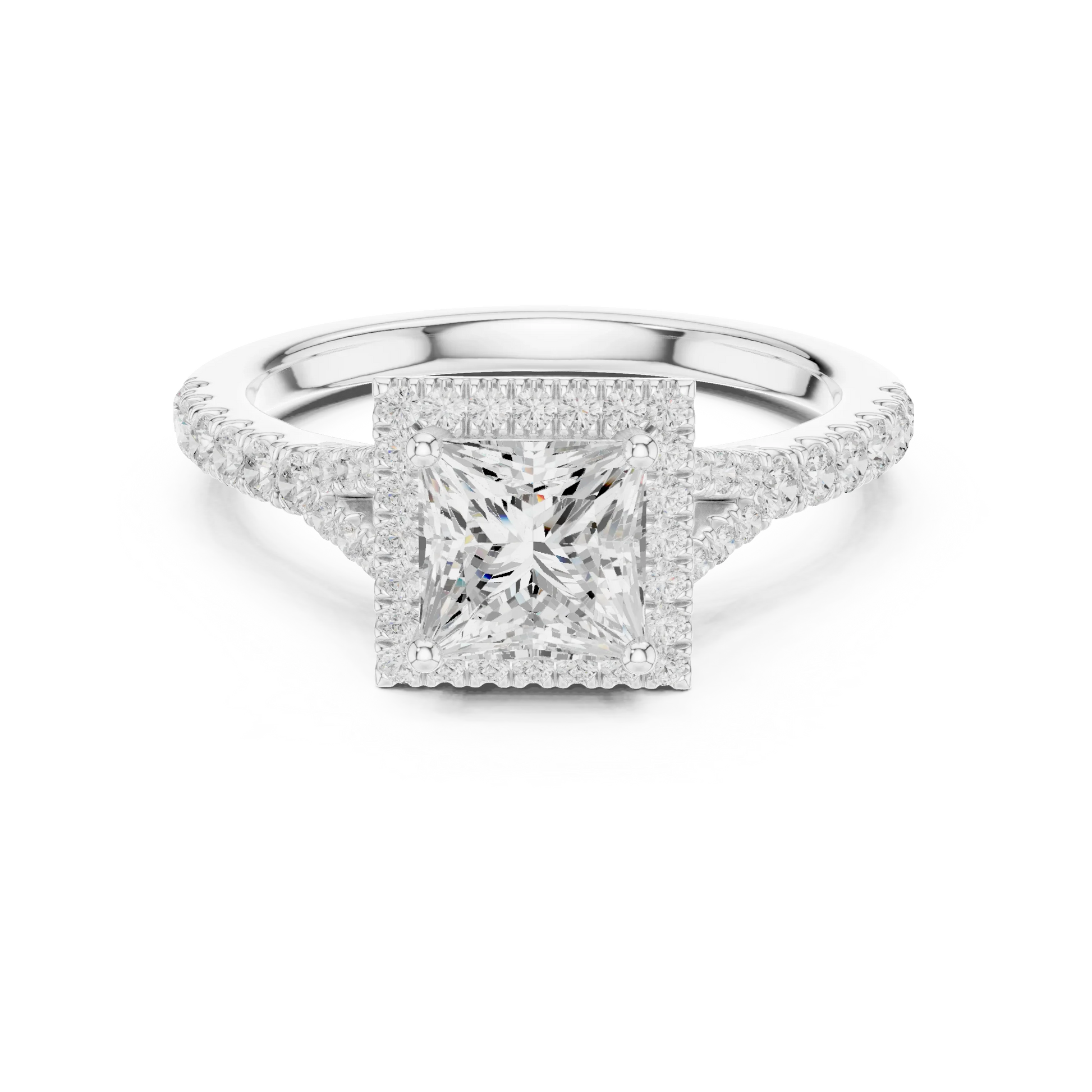 Lab-grown princess halo diamond ring in white gold with pav茅 split shank band
