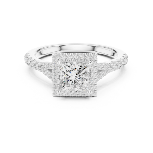 Lab-grown princess halo diamond ring in white gold with pav茅 split shank band