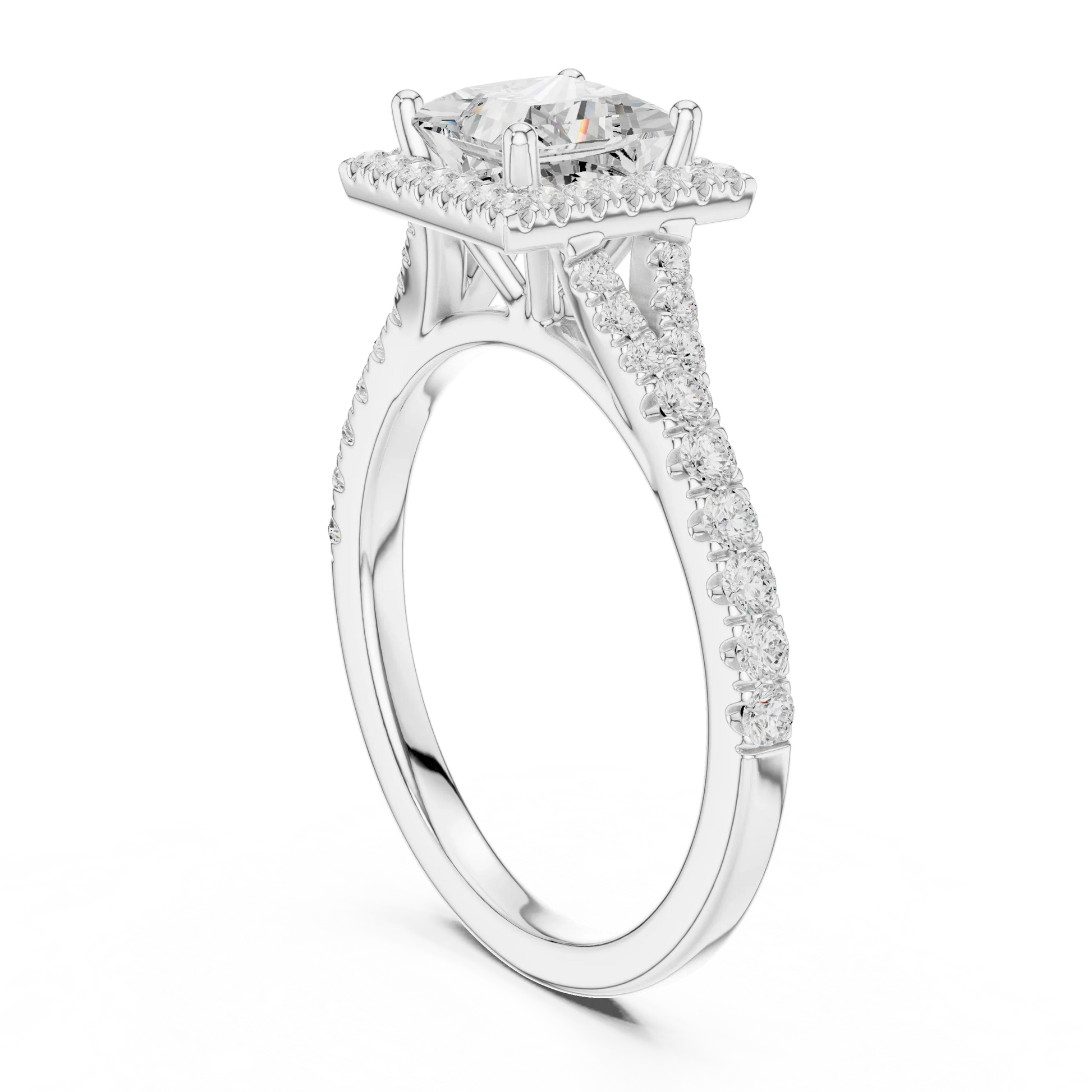 Back side view of white gold princess halo ring showing pav茅 split shank band and setting details