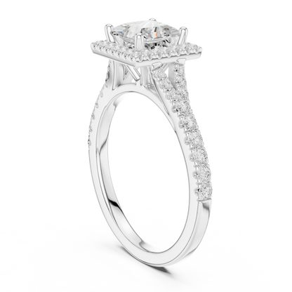 Back side view of white gold princess halo ring showing pav茅 split shank band and setting details