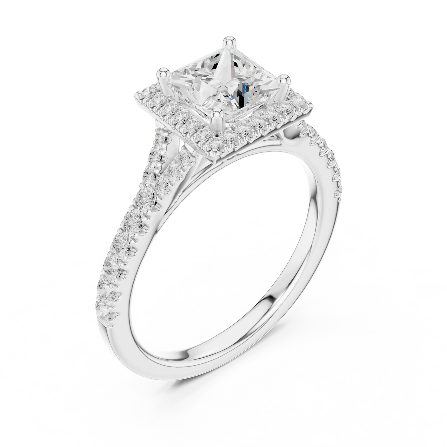 Front view of white gold princess halo ring with pav茅 split shank band and center diamond