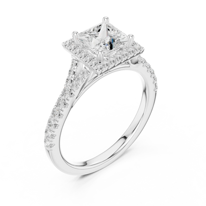 Front view of white gold princess halo ring with pav茅 split shank band and center diamond