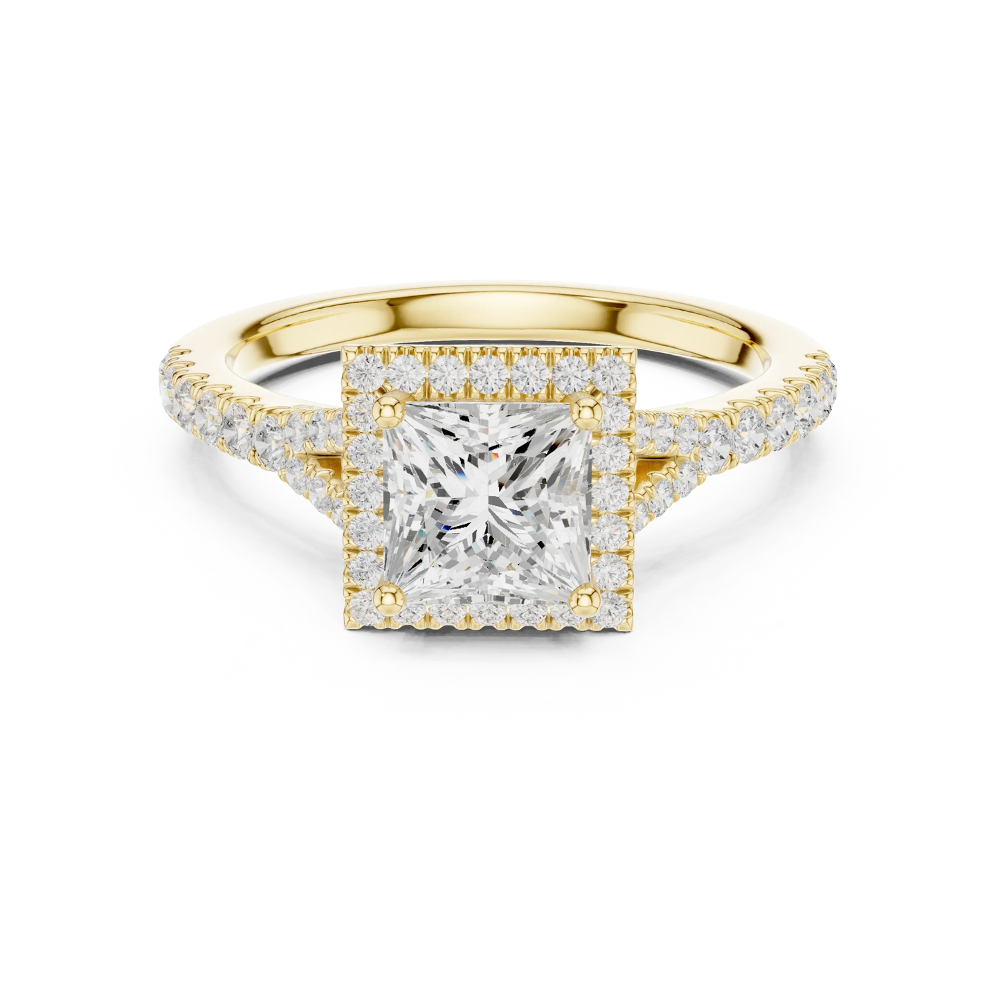 Lab-grown princess halo diamond ring in yellow gold with pav茅 split shank band