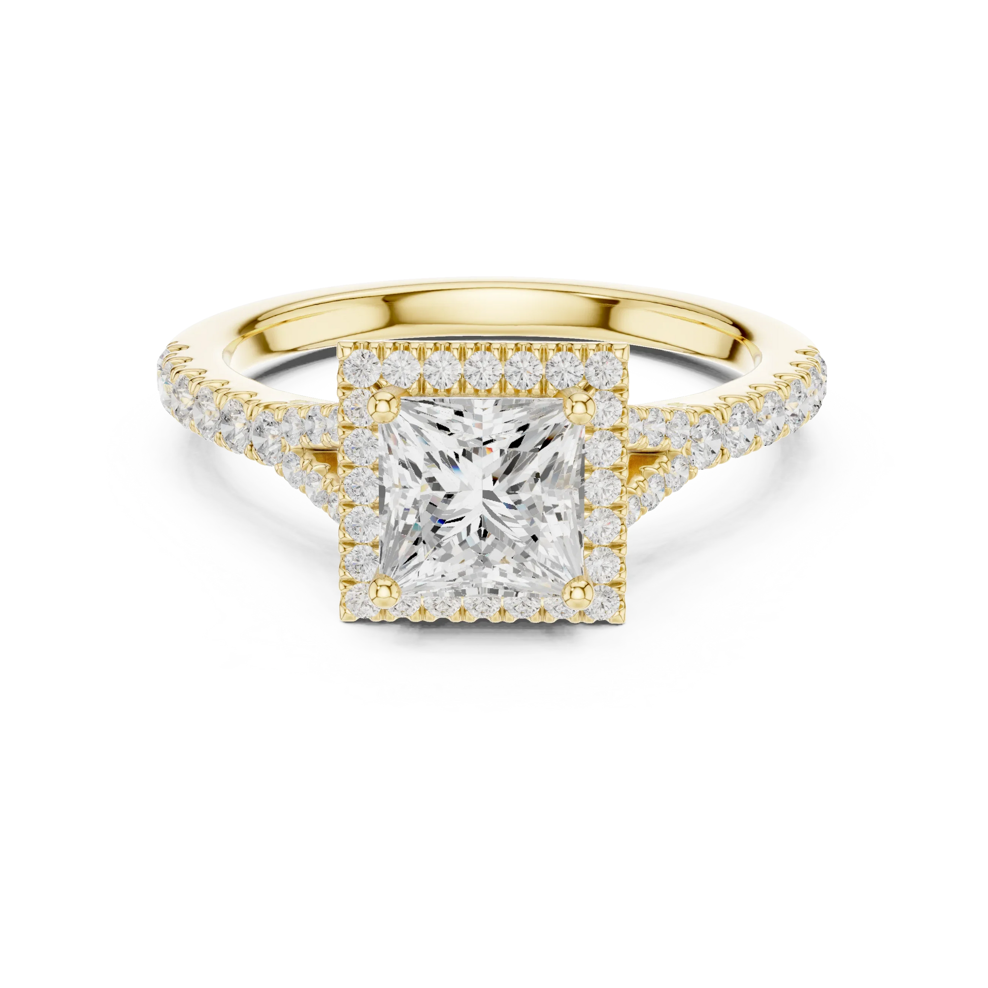 Lab-grown princess halo diamond ring in yellow gold with pav茅 split shank band