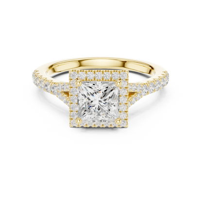 Lab-grown princess halo diamond ring in yellow gold with pav茅 split shank band