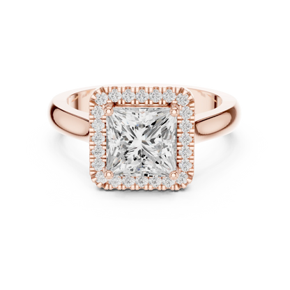 Princess cut halo ring with lab-grown diamond in rose gold with modern romantic finish