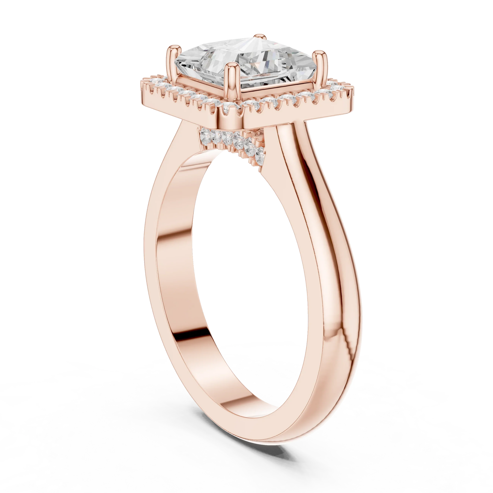 Back view of rose gold princess halo ring with lab-grown diamond and polished band