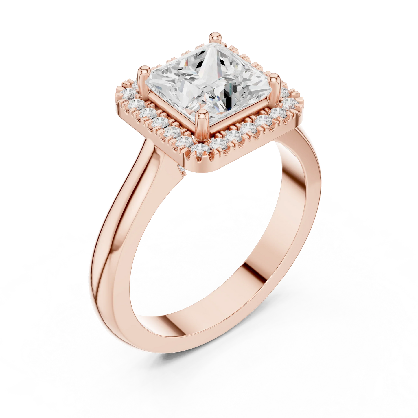 Front view of rose gold princess halo ring featuring lab-grown diamond with halo setting
