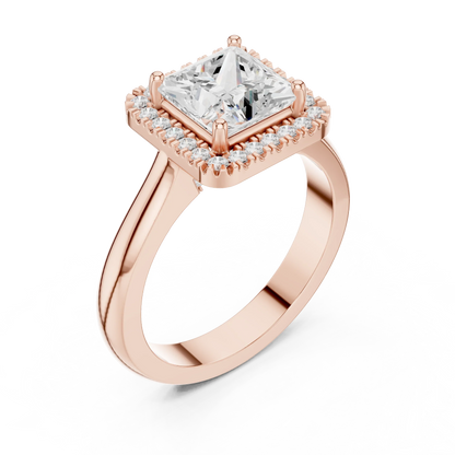 Front view of rose gold princess halo ring featuring lab-grown diamond with halo setting