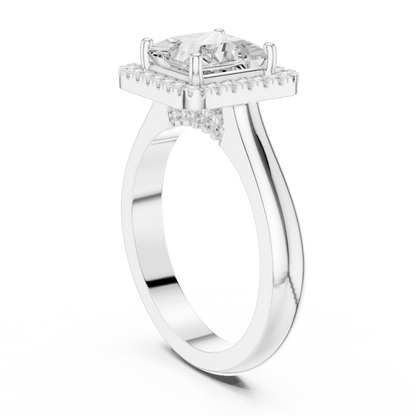Back view of white gold princess halo ring with lab-grown diamond and polished band
