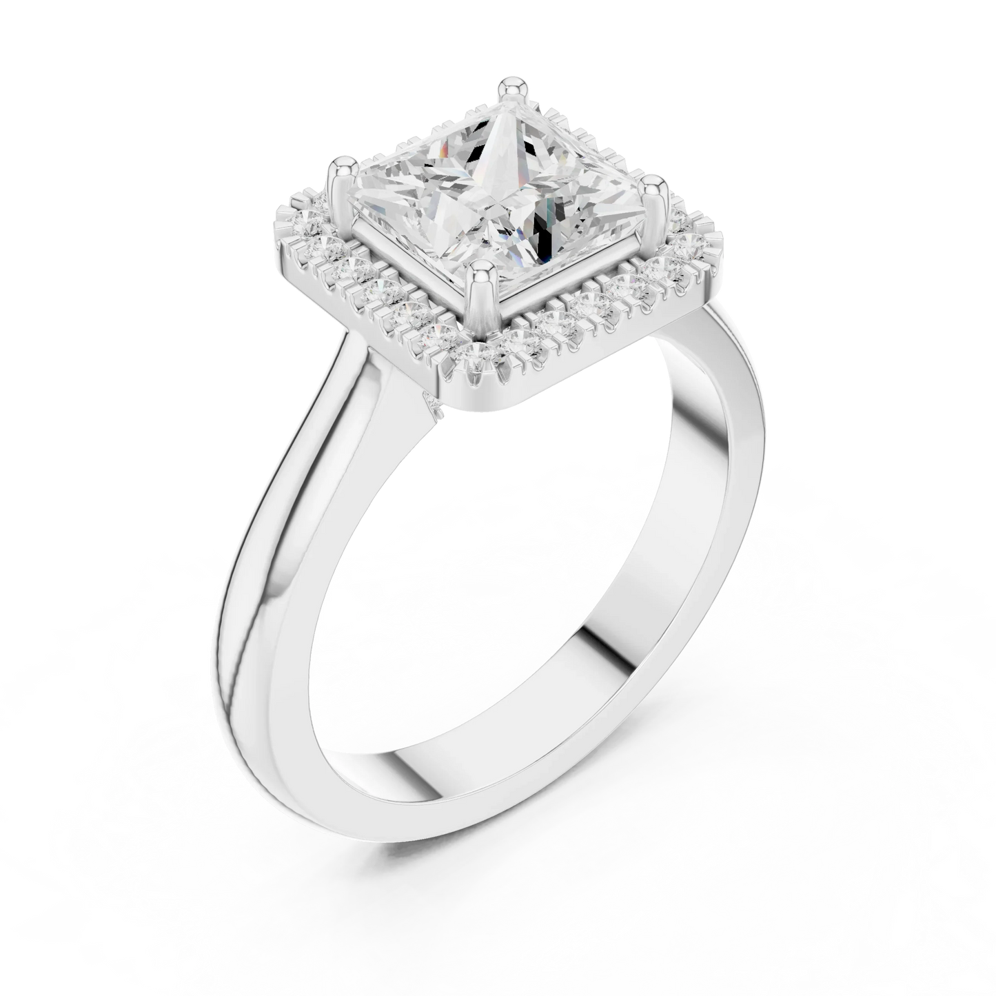 Front view of white gold princess halo ring featuring lab-grown diamond with halo setting