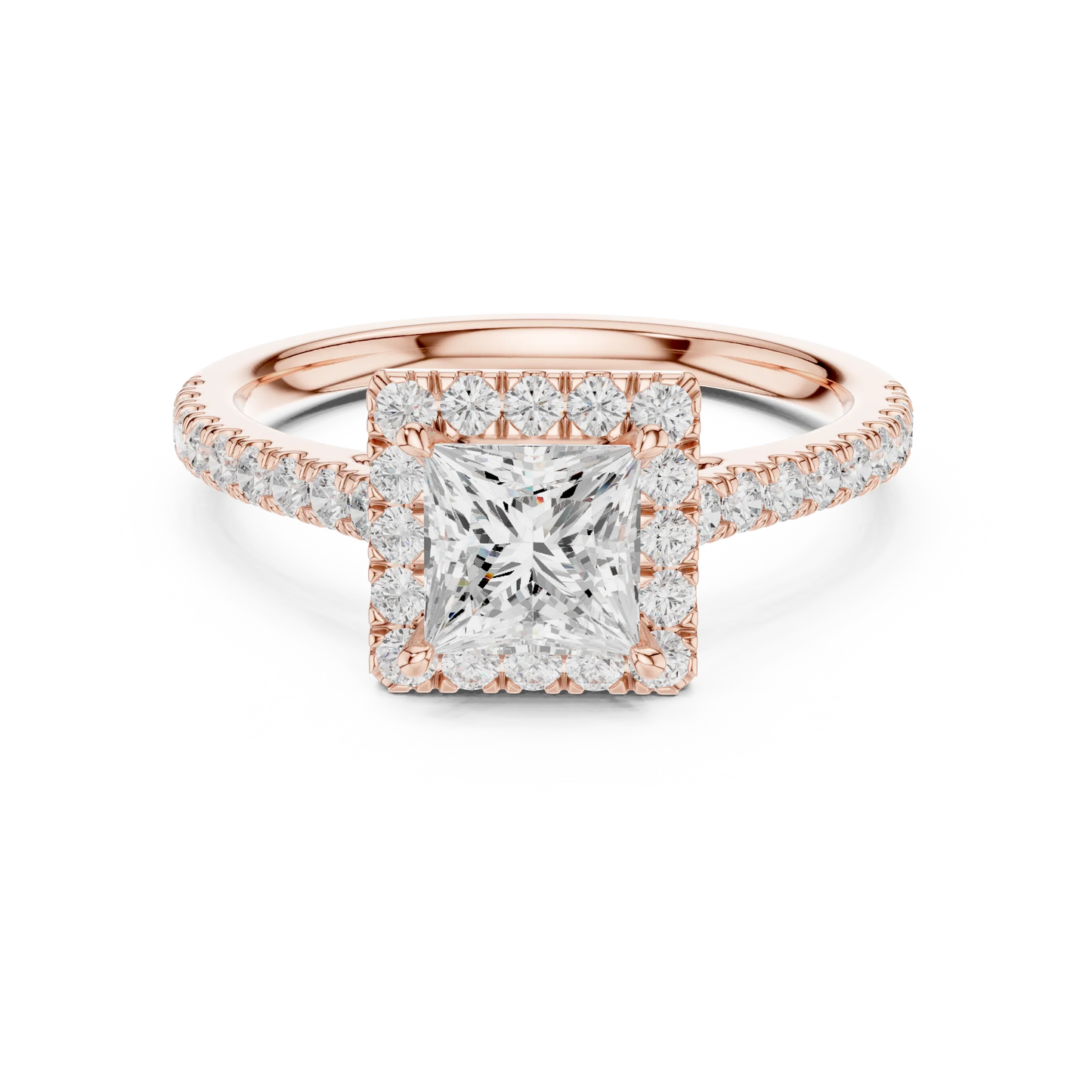 Rose gold ring with a large diamond and smaller diamonds on a white background