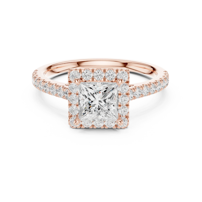 Rose gold ring with a large diamond and smaller diamonds on a white background