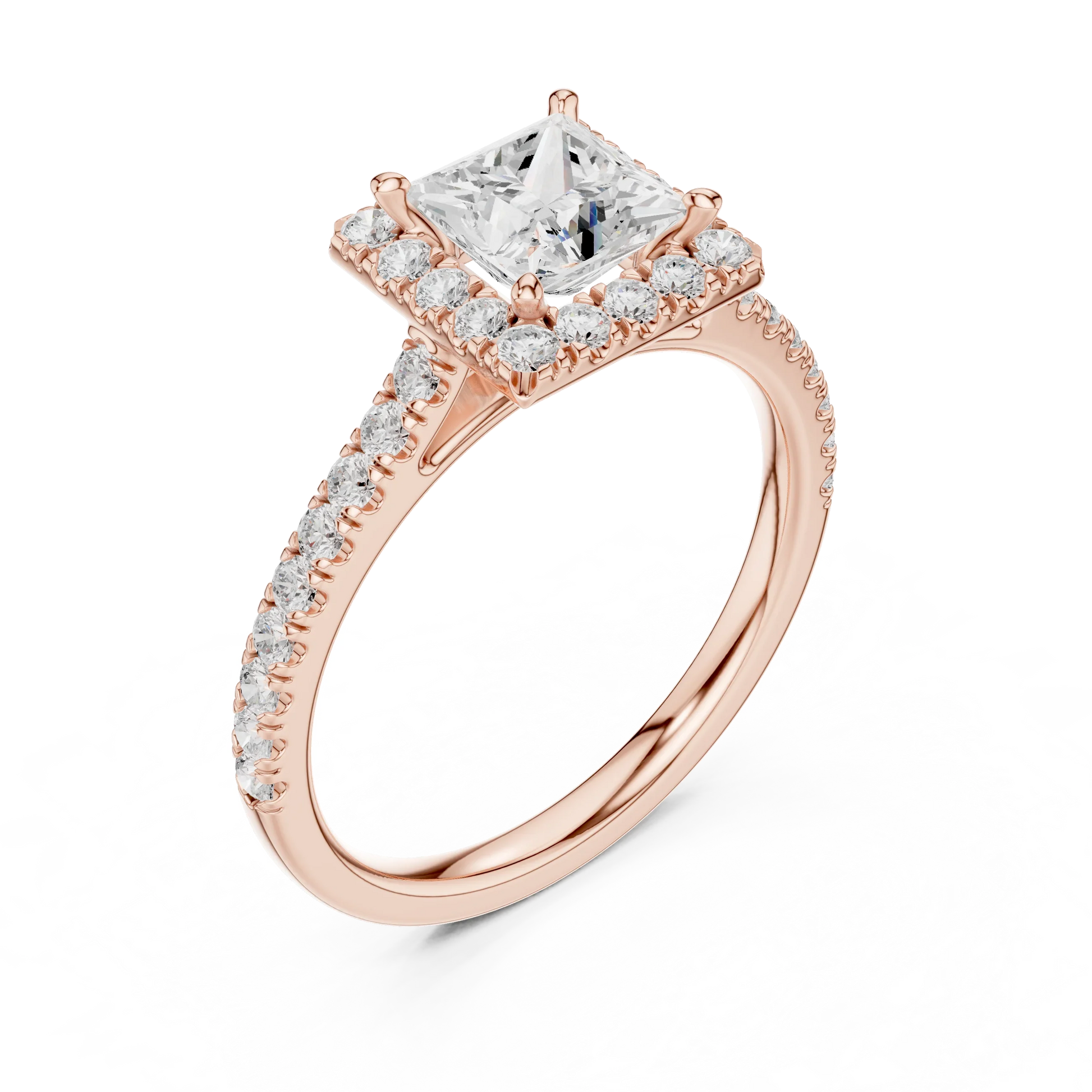 Rose gold ring with diamond accents on a white background