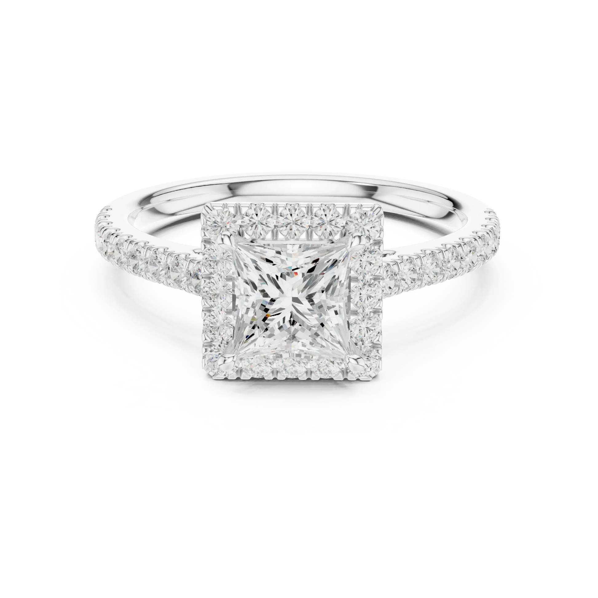 White gold princess-cut halo ring with pav茅 diamond band and lab-grown center stone