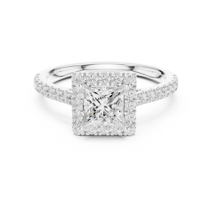 White gold princess-cut halo ring with pav茅 diamond band and lab-grown center stone