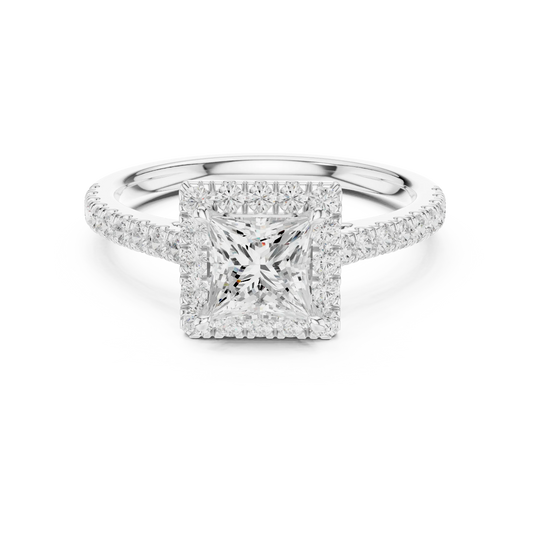 White gold princess-cut halo ring with pav茅 diamond band and lab-grown center stone