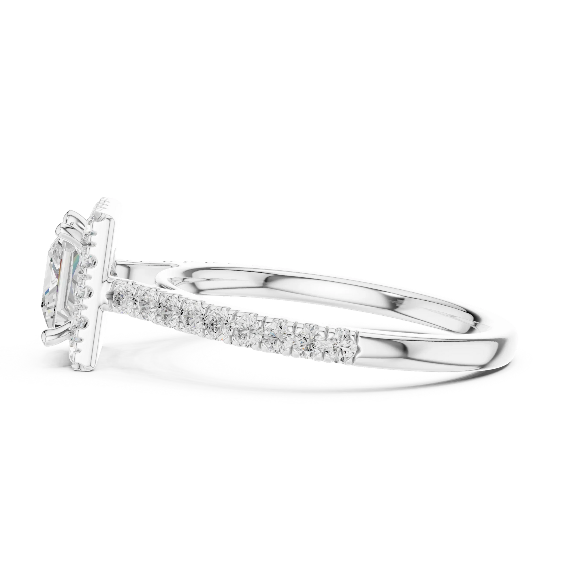 Side view of white gold princess-cut halo ring with pav茅 diamond band and lab-grown center stone